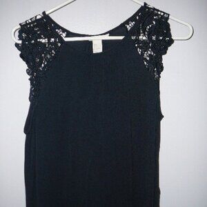 H&M Black Sleeveless Dressy Blouse Embroidered Shoulders Pleated Neckline-Small